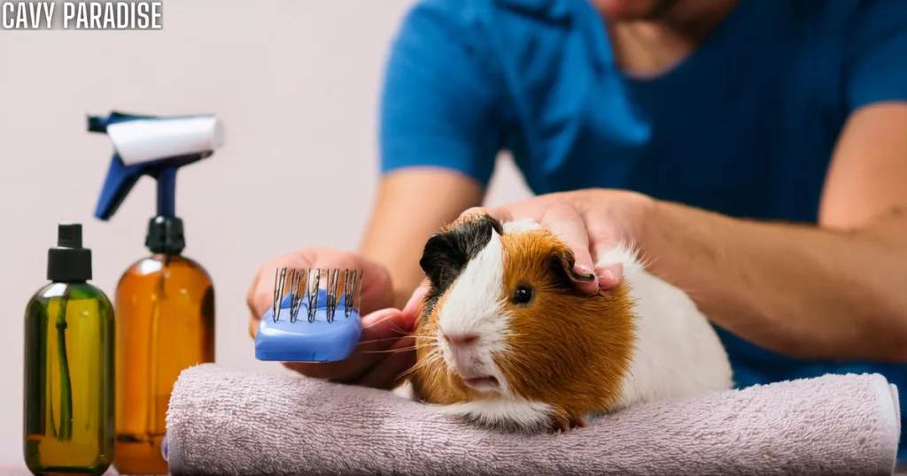 Calm guinea pig grooming setup with essential tools and a relaxed guinea pig being gently brushed by its owner creating a soothing grooming environment