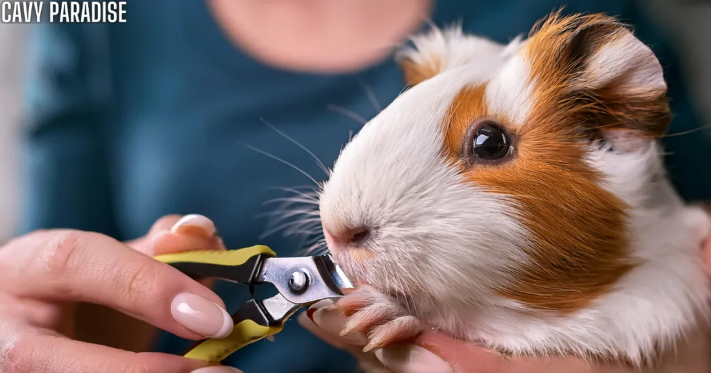 Close-up of guinea pig grooming, with the owner gently trimming the pet's nails using small, guinea pig-specific clippers.