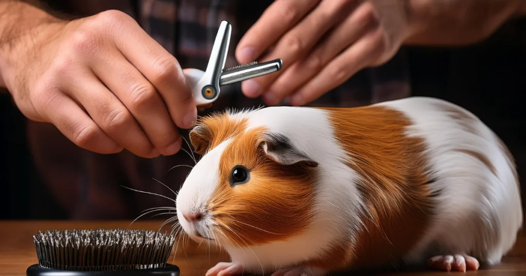 Guinea Pig Accessories A guinea pig being groomed with soft brushes, featuring grooming guinea pig accessories.