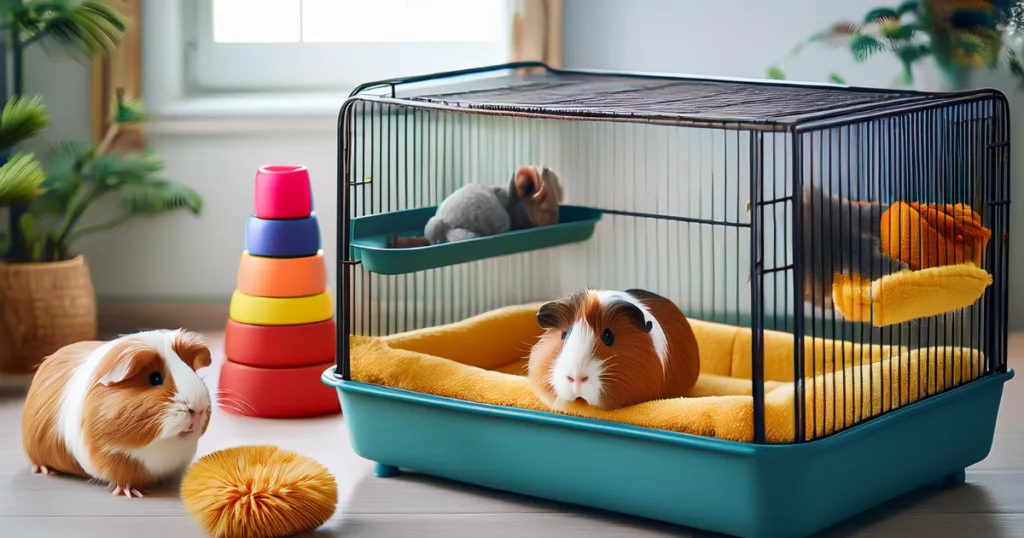 Guinea Pig Accessories A guinea pig enjoying various guinea pig accessories in a cozy cage, highlighting pet well-being.