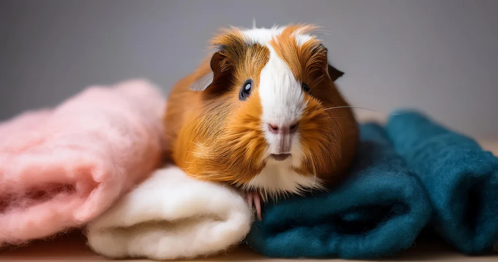 Guinea Pig Accessories Fleece and paper bedding in a guinea pig cage, illustrating comfortable guinea pig accessories.