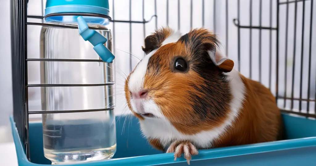 Guinea Pig Accessories A guinea pig drinking from a water bottle, emphasizing hydration with essential guinea pig accessories.