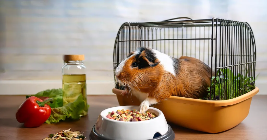 Guinea Pig Accessories A sturdy ceramic bowl with food for guinea pigs, demonstrating proper feeding guinea pig accessories.