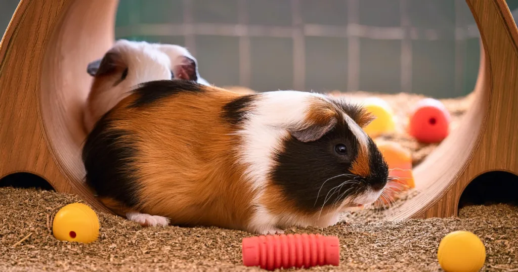 Guinea Pig Accessories A guinea pig exploring tunnels and hideouts, showcasing enrichment guinea pig accessories.