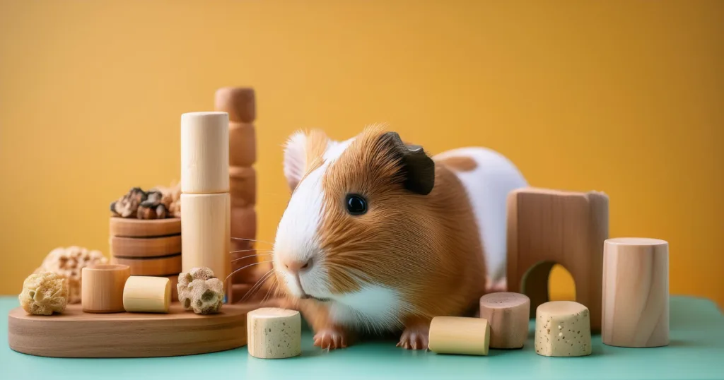 Guinea Pig Accessories Guinea pigs chewing on safe chew toys, promoting dental health with essential guinea pig accessories.