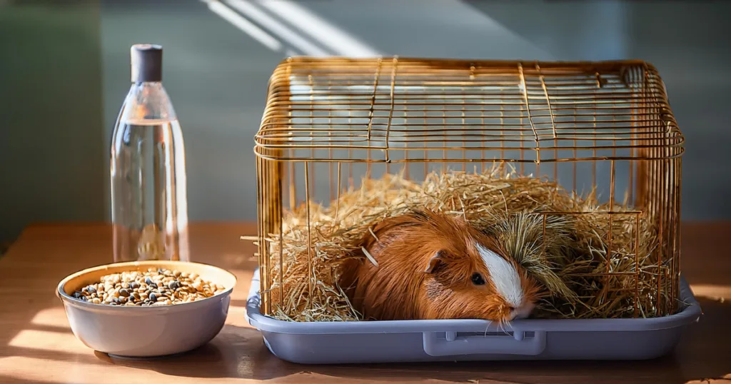 Guinea Pig Accessories A hay rack filled with fresh hay for guinea pigs, highlighting nutritious feeding guinea pig accessories.