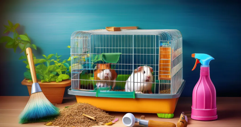 Guinea Pig Accessories A clean guinea pig cage being spot-cleaned, showcasing hygiene with important guinea pig accessories.