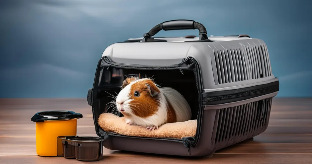 Guinea Pig Accessories A secure travel carrier with a guinea pig, demonstrating essential guinea pig accessories for travel.