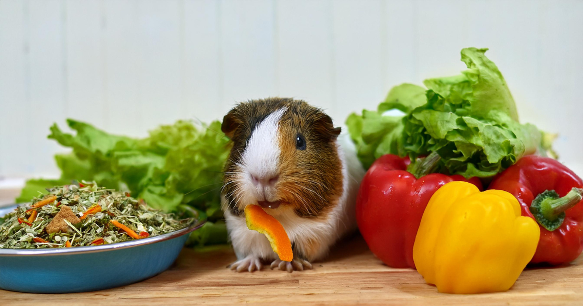 Guinea pig enjoying a balanced healthy guinea pig diet with hay vegetables fruits and herbs for optimal nutrition