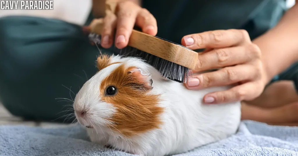 Guinea pig grooming session with a pet being gently brushed by its owner on a towel.