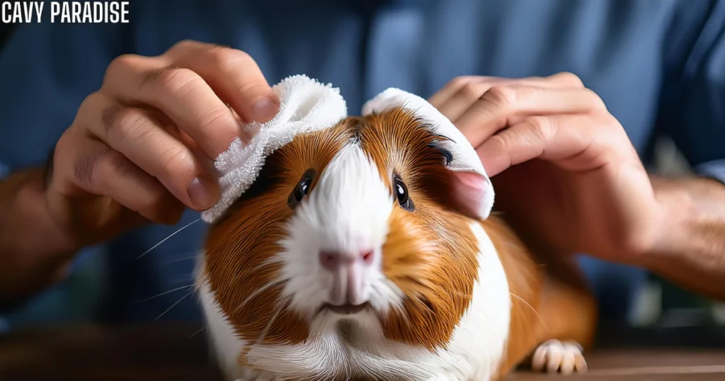 Guinea pig grooming session, with the owner gently cleaning the pet's eyes and ears using soft, pet-safe wipes.