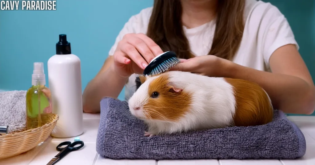 Guinea pig grooming tools with a pet being brushed, emphasizing the importance of regular grooming.