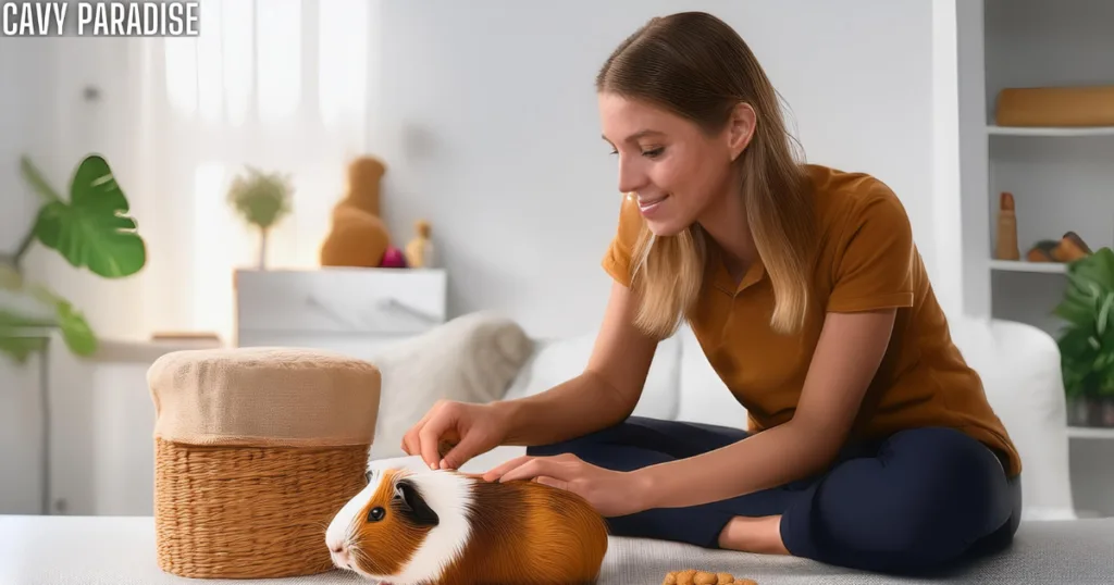 Owner gently grooming their guinea pig in a calm, quiet space with treats nearby, ensuring a stress-free experience.