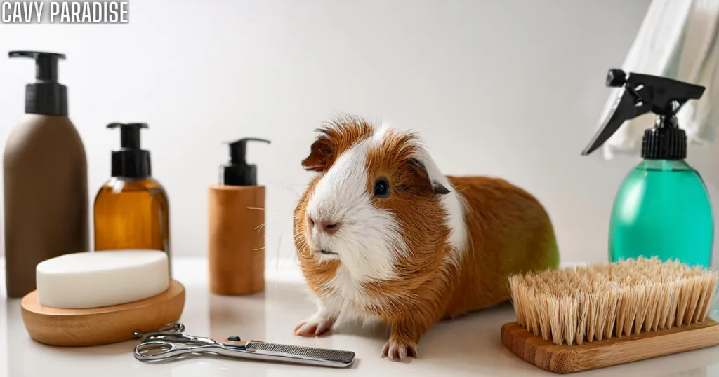 Well-organized guinea pig grooming station with brushes, nail clippers, shampoo, and ear wipes, ready for a grooming session.